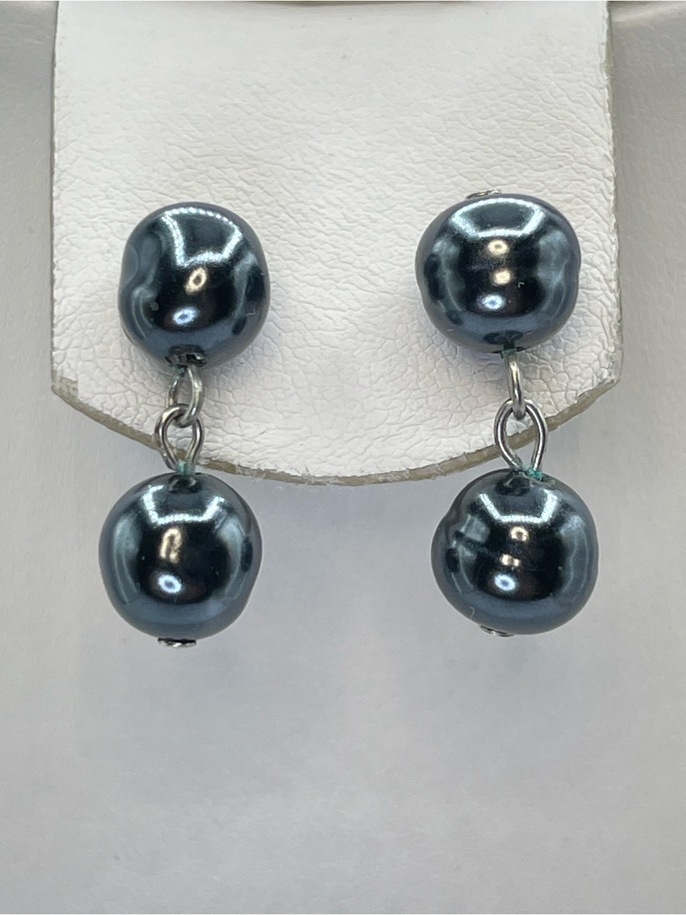 Silver Black Crystal Glass Faux Pearl Bead Dangle Earrings Minimalist Modern